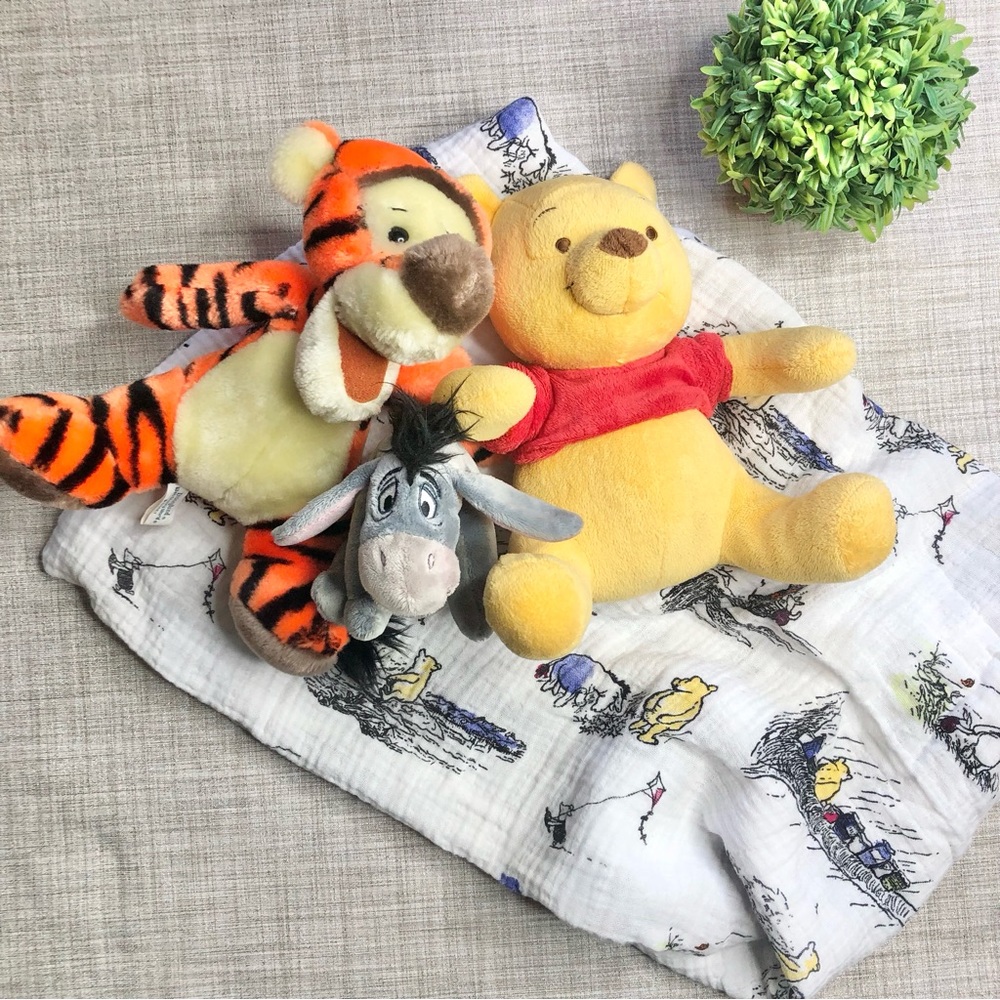 Aden & Anais Pooh muslin swaddle / Disneyland plush Pooh, Tigger, Eeyore bundle